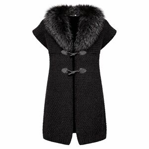 Rino & Pelle Elegant Black Women's Sweater Vest with Fox Fur Collar Size M
